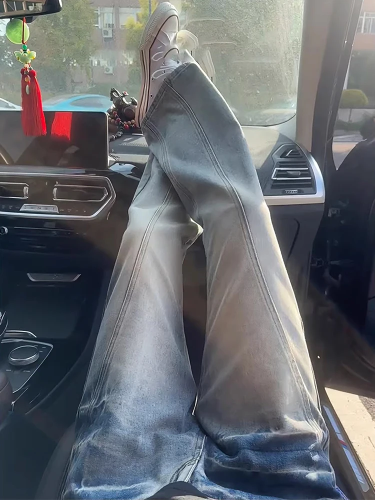 

Синие мужские джинсы-клеш в стиле High Street Vibe, прямые брюки с эффектом удлинения ног, средняя посадка, на молнии, для повседневной носки