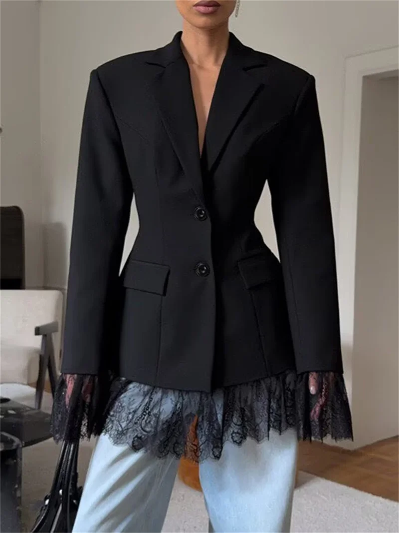 Blazer ajustado negro de nueva moda para mujer, chaqueta de Color sólido con detalles de encaje, Top de manga larga para ir al trabajo