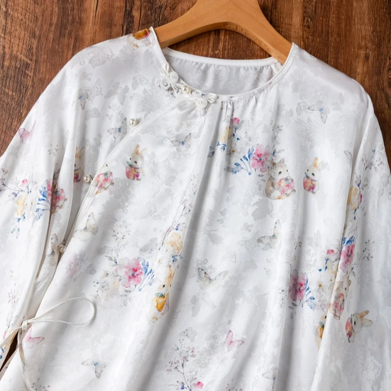 Birdtree, 100% Silk Blouse, Raglan Sleeve O-neck Shirt, Women Jacquard Plain Satin Tops, Chinese Style, 2026 Summer New T65910JF
