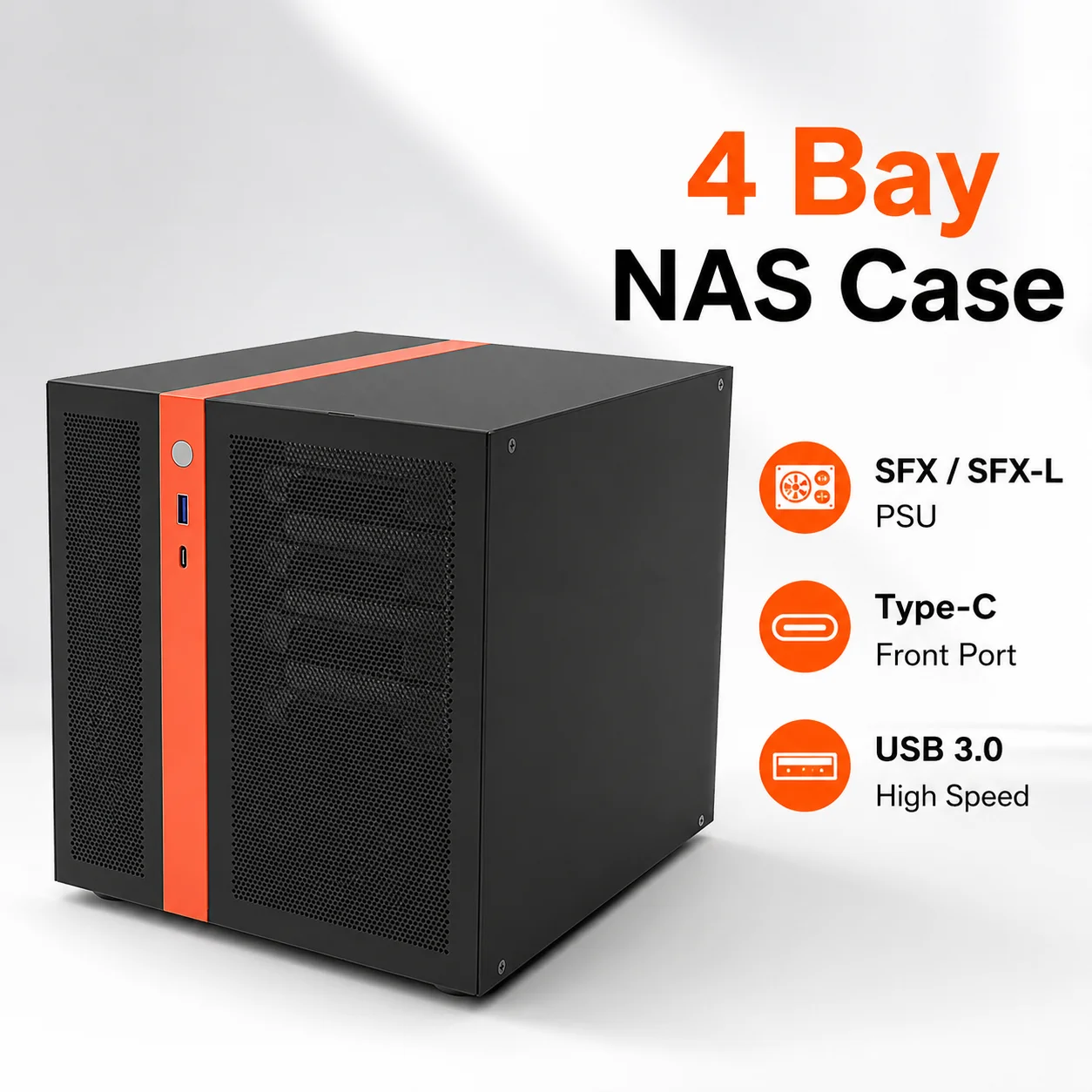 4 Bay NAS Case Mini ITX Server Chassis SFX SFX-L PSU 4x3.5 HDD 2.5 SSD Type-C USB3.0 Home Storage Case