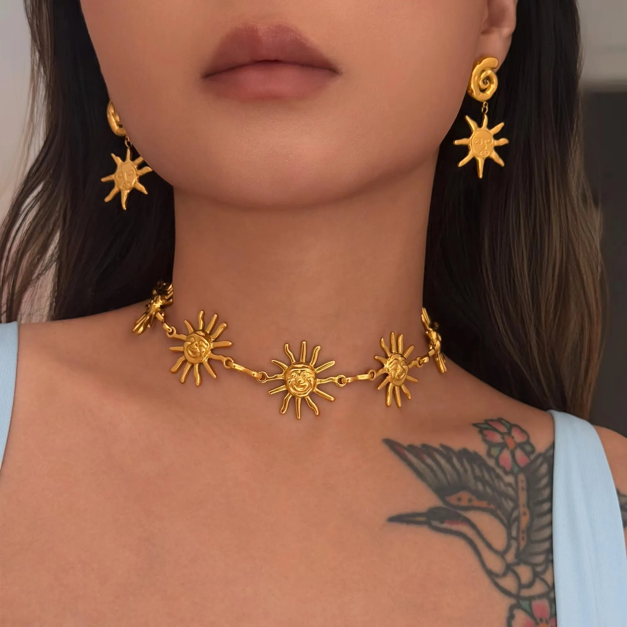 Gargantilha de aço inoxidável banhada a ouro 18k, vintage chique, colar de sol para mulheres, verão, estilo oceano, sem manchas, joias à prova d'água