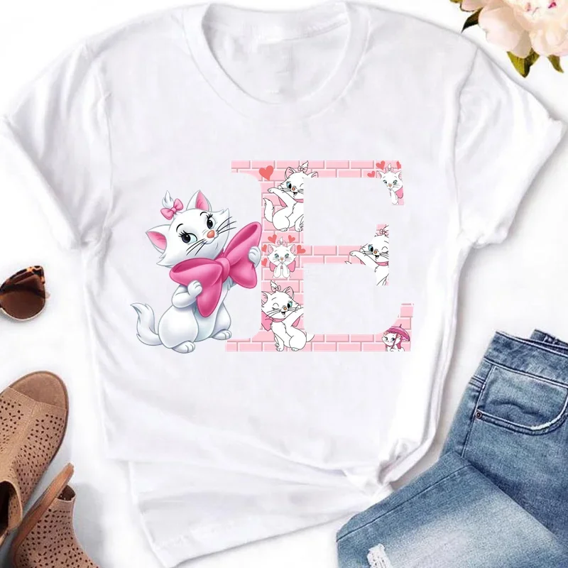 Marie Cat A-Z English Letters Short Sleeve Summer Women The Aristocats Print T Shirt Female Casual Top Tshirts Cartoon T-Shirt