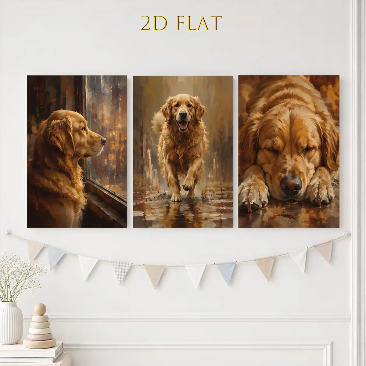 2D Flat Canvas Wall Art Golden Retriever Triptych 3 Piece Poster Set, Triptych Wall Decor for Living Room, Bedroom, Bathroom,