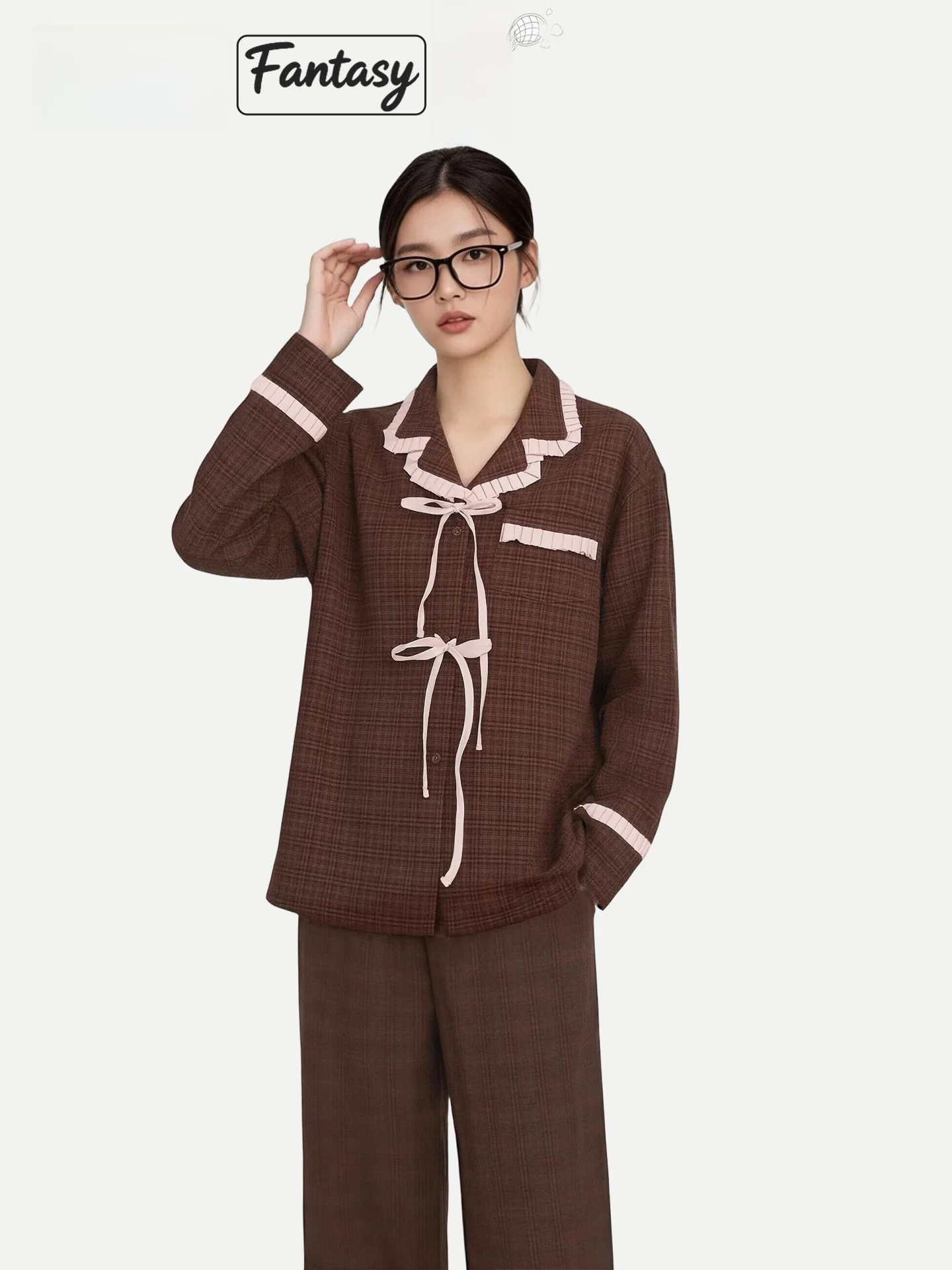 

PinkBread Brown Plaid Long Sleeve Pure Cotton Pyjamas for Women Spring Autumn Comfortable Home Clothes Suitable for Outdoor Wear