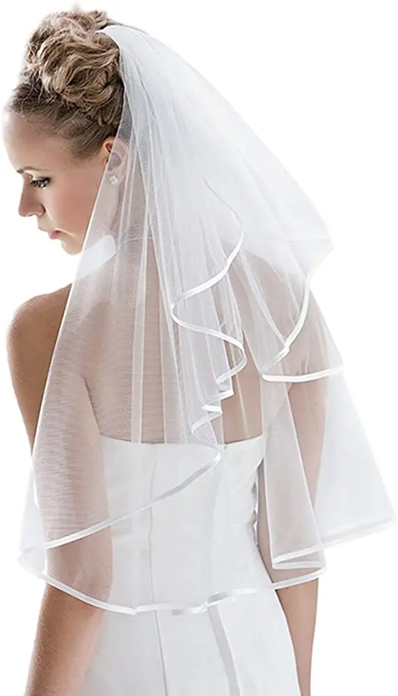 Tulle Wit Ivoor Twee Lagen Bridal Veils Ribbon Edge Goedkope Bruid Accessoires 75Cm Korte Vrouwen Sluier Met Kam 2022