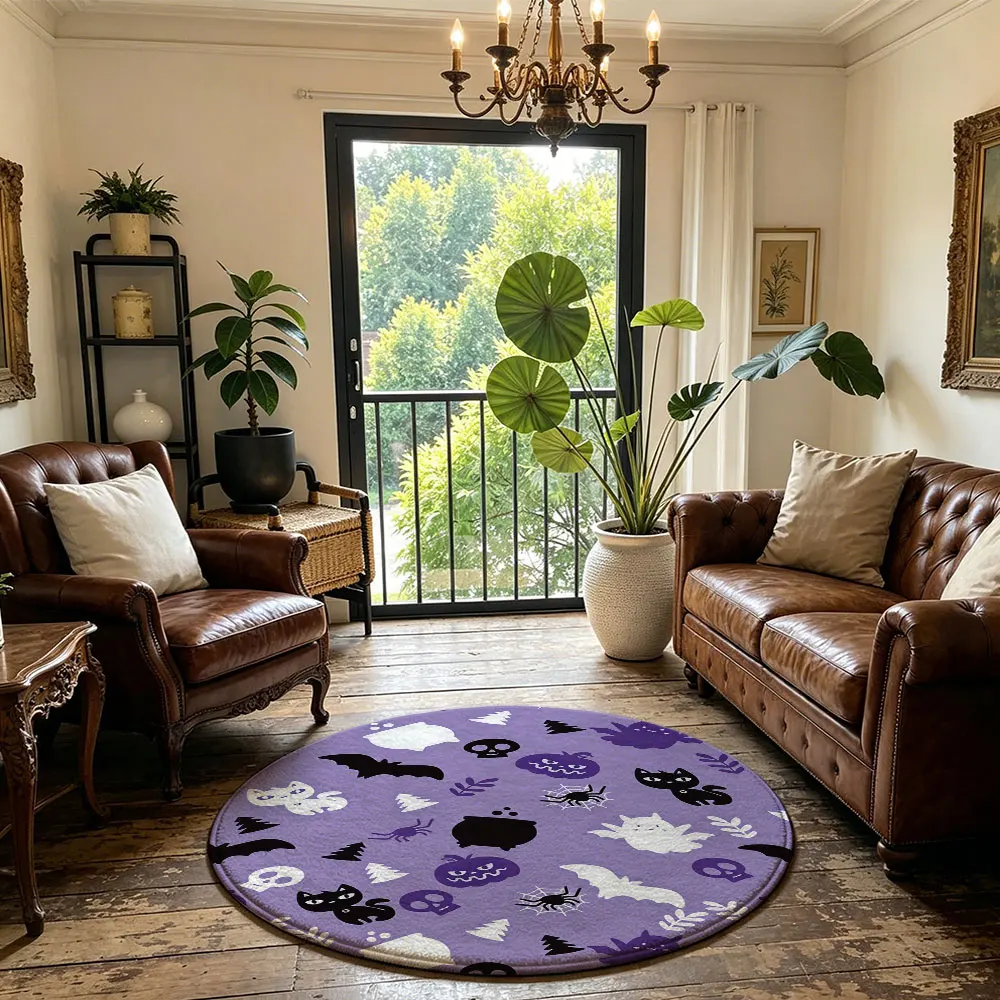1pc Purple Halloween Bat Black Cat Pumpkin Round Floor Mat Washable Circular Rug For Living Room Bedside Sofa Cute Spooky Hol