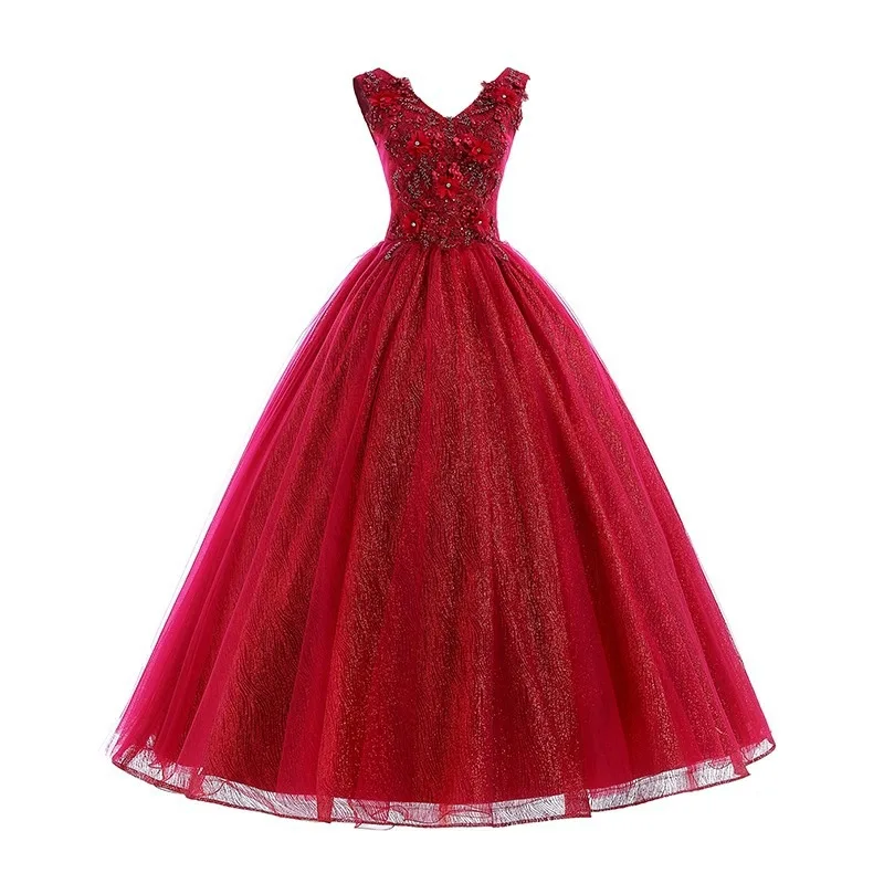 Eleganckie wino czerwona damska sukienki wizytowe balowa z dekoltem w szpic koronkowa aplikacja Shinny Vestido De xv Brithday imprezowa sukienka dziewczyna Quinceanera 15 16