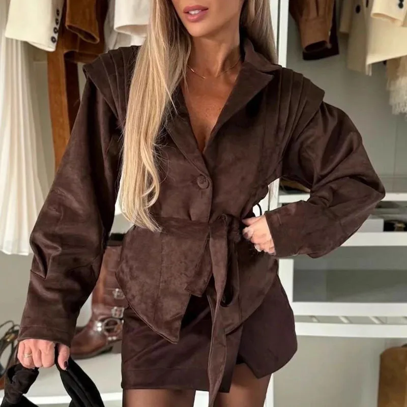 

Тонкая осенняя женская куртка с завязками, повседневное пальто с лацканами и длинными рукавами, 2022, винтажная однотонная удобная верхняя одежда