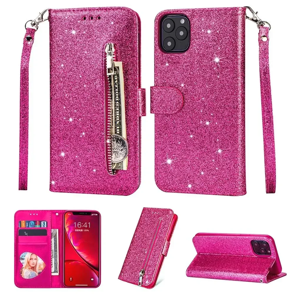 Funda de cuero con cremallera y purpurina para iPhone, carcasa magnética con tarjetero para iPhone 16 Pro Max, 15, 14, 13, 12, 11, XR, XS, SE 2025,