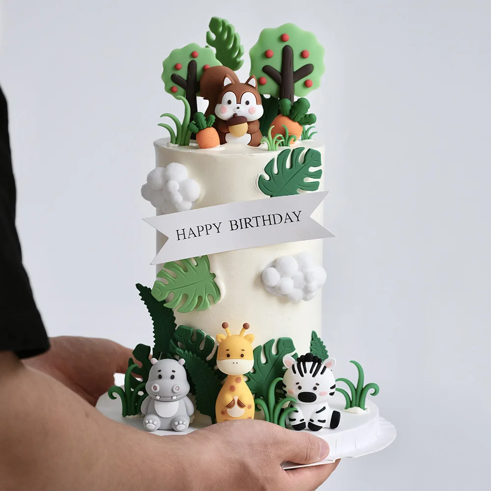 Wald Kleintiere Kuchendeckel Eichhörnchen, Nilpferd, Zebra, Giraffe, Gräser, Obstbäume für Jungen Kindergeburtstag Partydekorationen – Detail 2