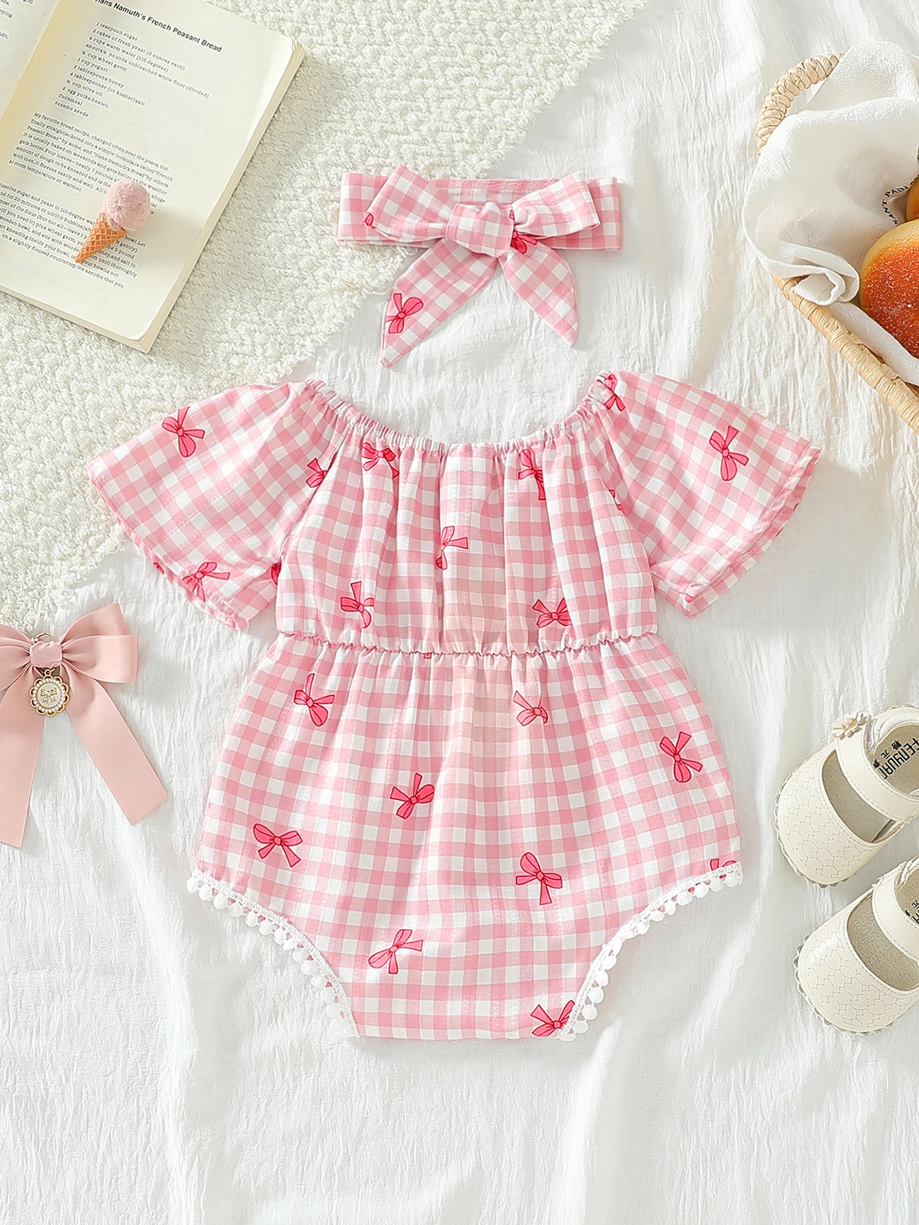 طفلة الصيف لطيف عارضة واحدة الكتف فقاعة كم الخصر القوس شبكة مطبوعة الدانتيل الديكور بذلة وعقال