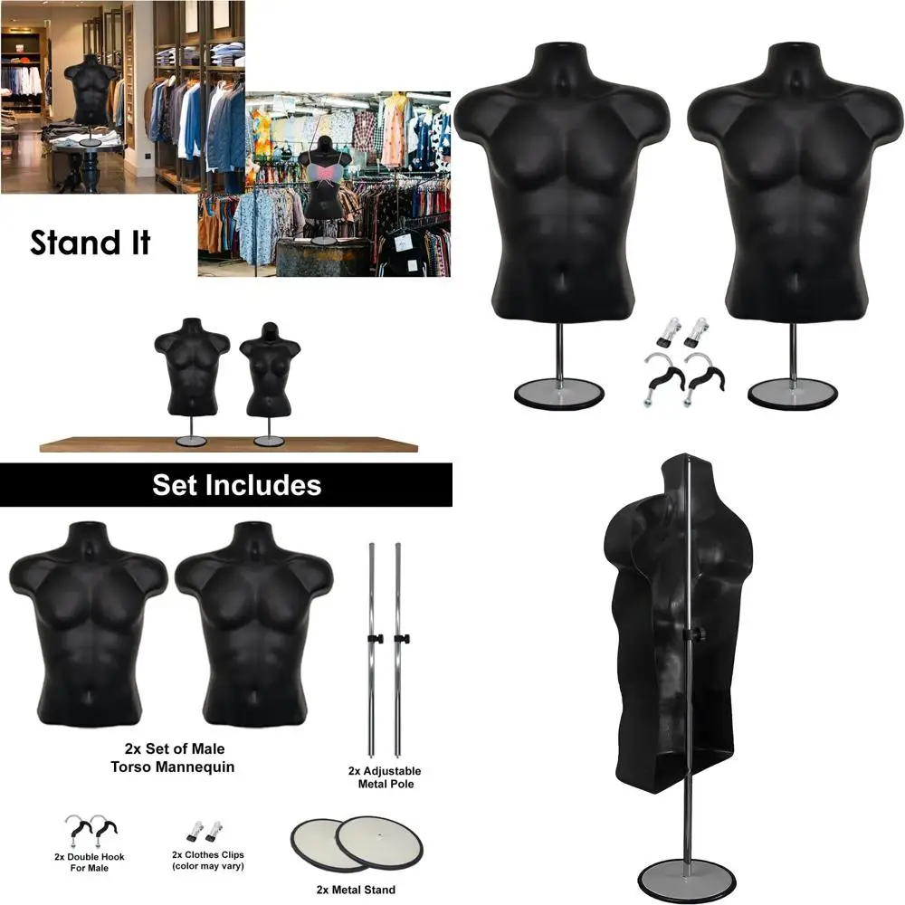 

Hollow Back Black Male Mannequin Set with Clothes Clips, Metal Stands, Poles, and Hanging Hooks, S-M Sizes