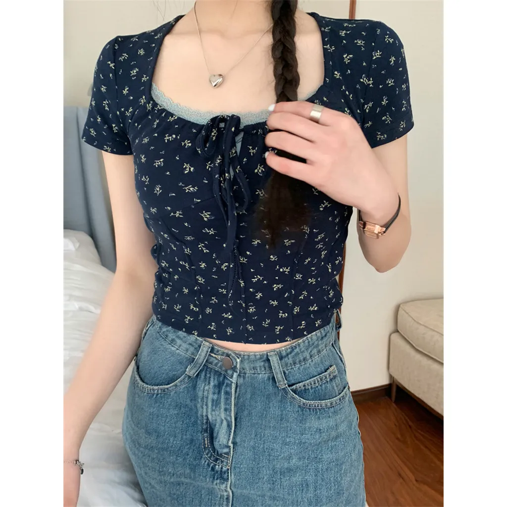 Korean Gentle Sweet Style Tie Up Square Neck Short Sleeve T-shirt Women's Summer Floral Print Elastic Short Bottom Top