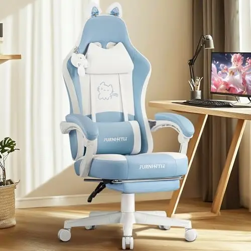 Gaming Chairs, Comfy Video Game Chair for Adults with Cat Ears Pocket Spring Cushion Massage Lumbar Support & Headrest