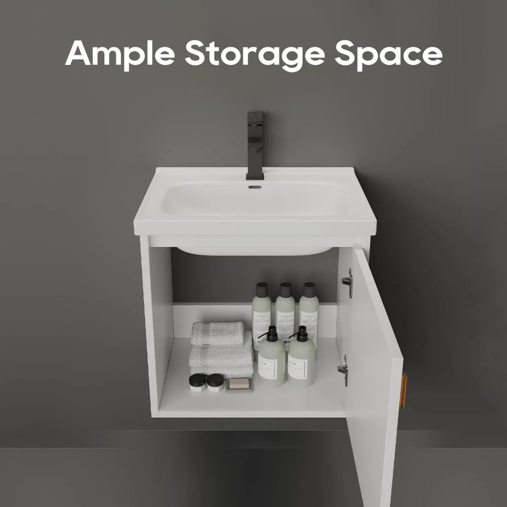 Vanité de salle de bain de 20 pouces avec lavabo, petite vanité flottante avec porte à fermeture douce, armoire moderne, robinet, vidange pop-up, piège P inclus