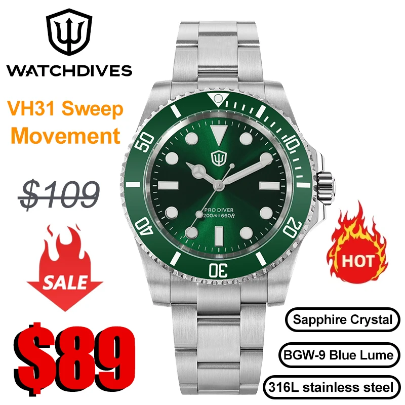 

Watchdives WD1680Q V2 Кварцевые часы с зеленым циферблатом VH31 Sweep Second Механизм с сапфировым стеклом 200M Водонепроницаемые наручные часы из нержавеющей стали
