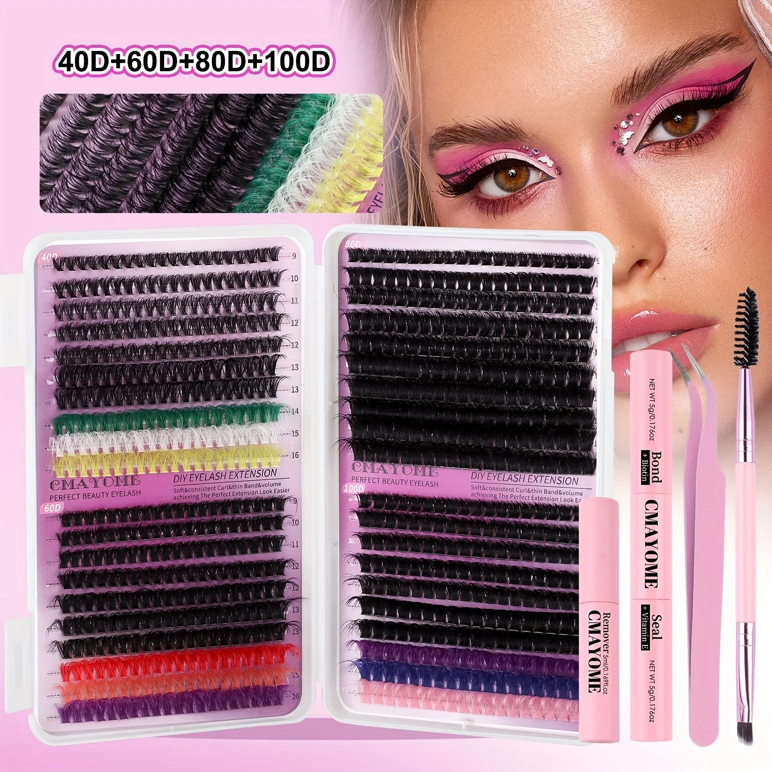 780pcs DIY eyelash bundle kit - color blend, D-roll adhesive and sealed independent eyelashes, brush and tweezers