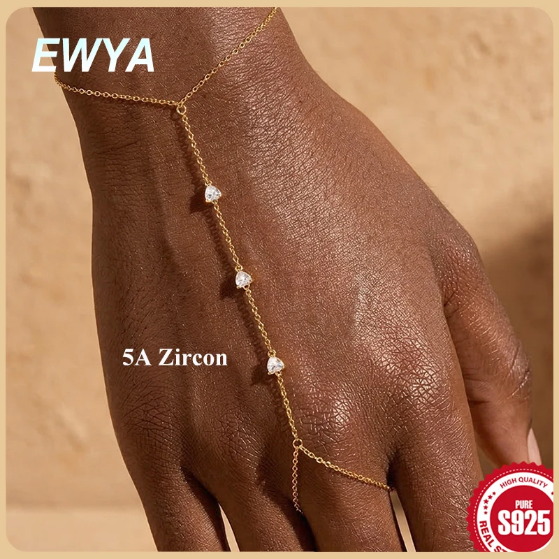 

EWYA S925 Sterling Silver Heart Flower 5A Zircon Finger Ring Chain Bracelets For Women Her Party Wedding Hand Fine Jewelry Gift