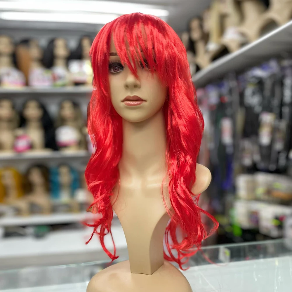 Peluca sintética rubia helada platino con flequillo hecha a máquina, pelucas de cabello ondulado rojo y azul 99j para mujeres, peluca de Cosplay de fibra resistente al calor