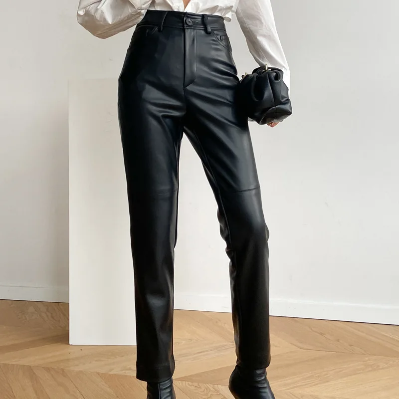 100% Genuine Leather Pants Women Simple High Waist Oblique Pocket Long Straight Leg Pants Sheepskin Slim Casual Calças Femininas