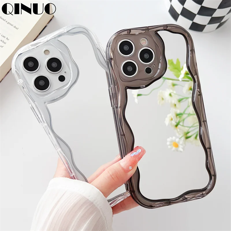 Fashion Wave Frame Makeup Mirror Cases For iPhone 15 14 13 12 11 Pro Mini Max X XS XR 7 8 Plus Shockproof Soft TPU Bumper Coque