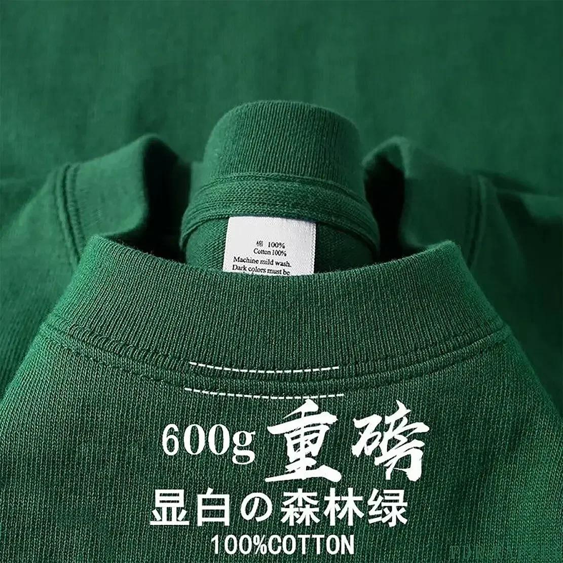 Men's and Women's 600g Heavy Cotton T-shirts Long-staple Pure Cotton Thickened Long-sleeved Three-pin High-gram Weight High-end image 2