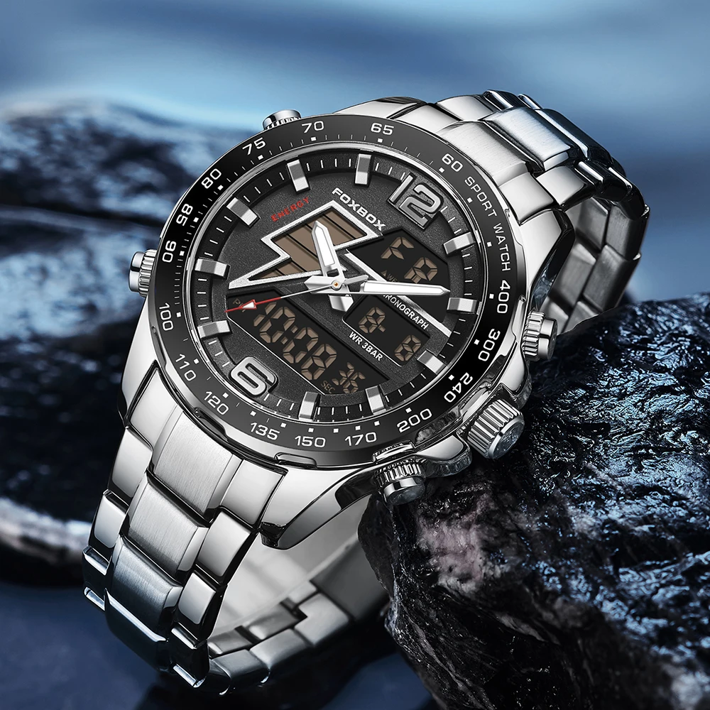 

New FOXBOX Men Watch Dual Display 30M Waterproof Date Clock Wristwatch Fashion Sports Watch for Men Electronic Watches Man+Box