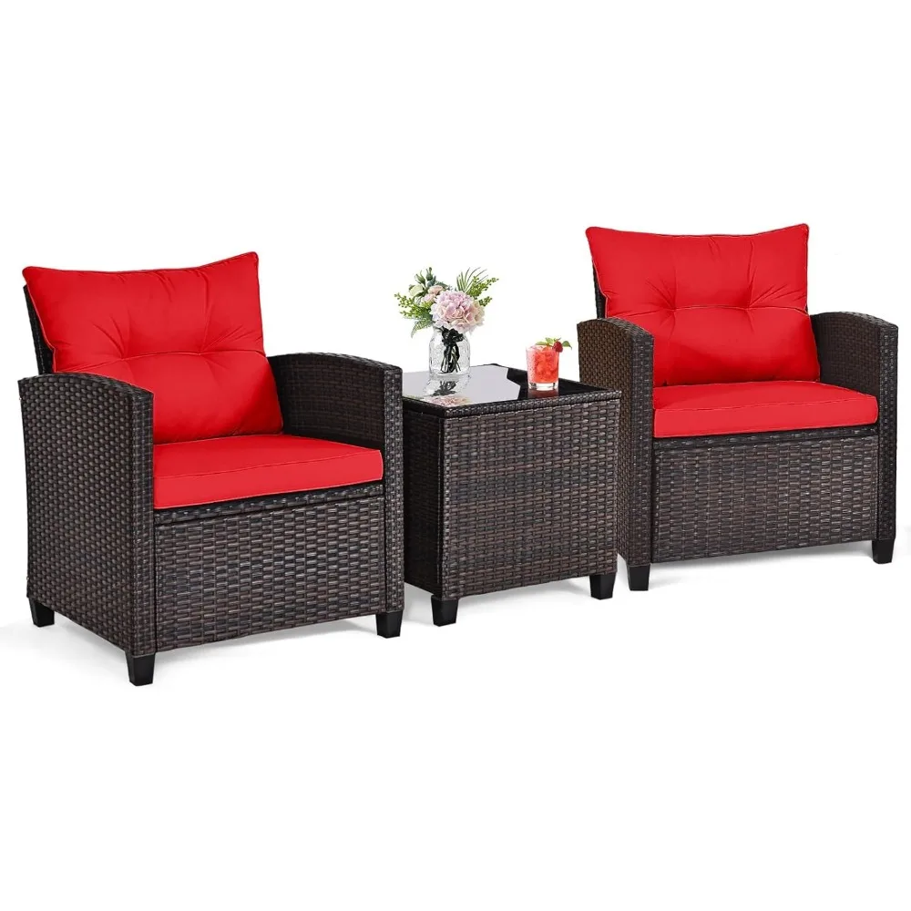

3-piece terrace furniture set, outdoor willow conversation set, rattan chair with cushion, glass coffee table, small bar