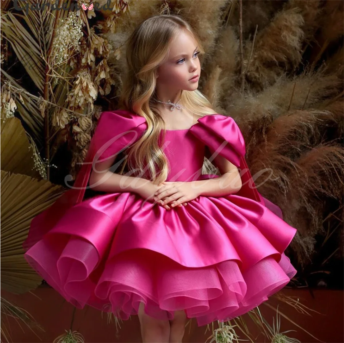 Robe à fleurs rose poussiéreux pour filles, encolure dégagée, grand nœud bouffant, robes de fête d'anniversaire mignonnes, robe de communion