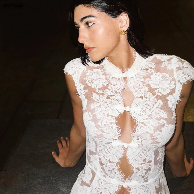 

White Lace Embroidery Pant Suit Women Stand Neck Sleeveless Hollow-out Waist Cinching See Through Set Lady Summer Sheer Outfit