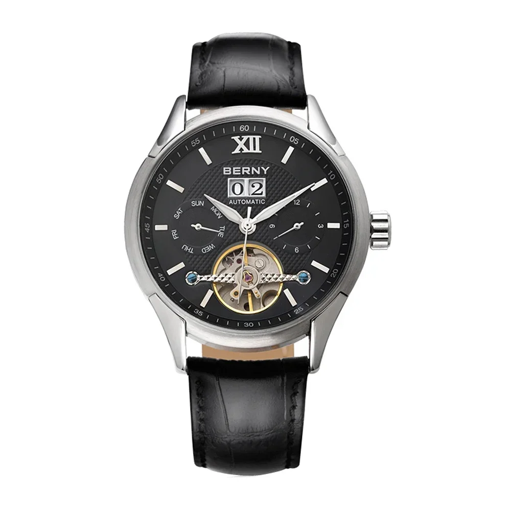 BERNY Automatikuhr für Herren, automatische mechanische Uhr mit Selbstaufzug, Datum, Skelett, 5ATM, luxuriöse Herren-Armbanduhr
