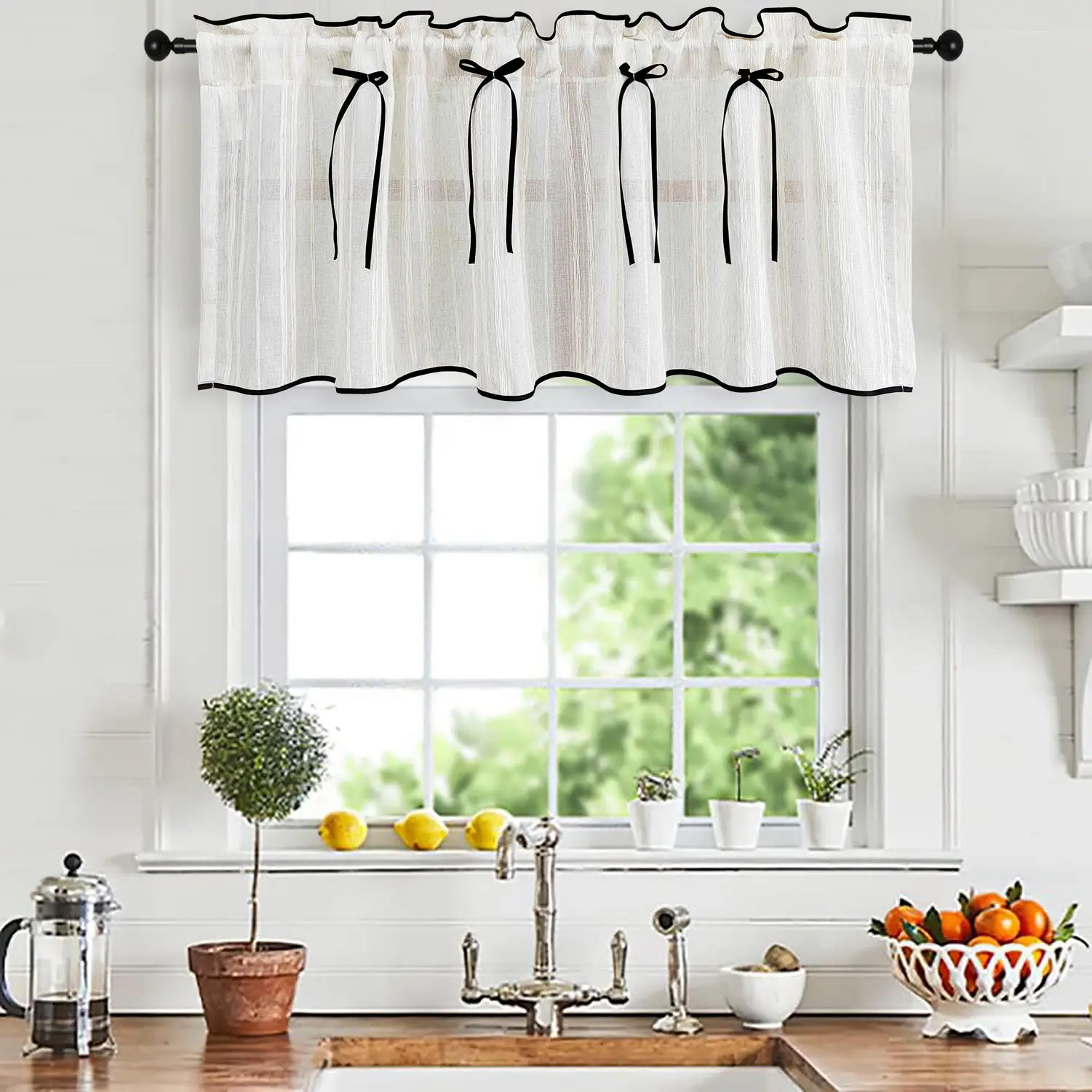 Elegant Bowknot Sheer Curtain Black Trim Versatile Window Treatment for Living Room Dining Nook Kitchen Light Filtering Decor
