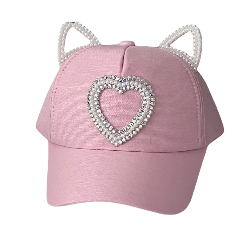 

Children Rhinestone Hearts Baseball Cap Girls Pearl Snapback Sun Protection Caps Cat Ear Kids Baby Sun Hat