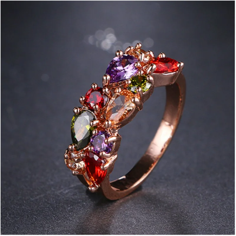 GMGYQ Hot Rose Goud Kleur Mona Lisa Ring voor Vrouwelijke Bruiloft met Kleurrijke Cubic Zirkoon Bijouterie Graduation Gift