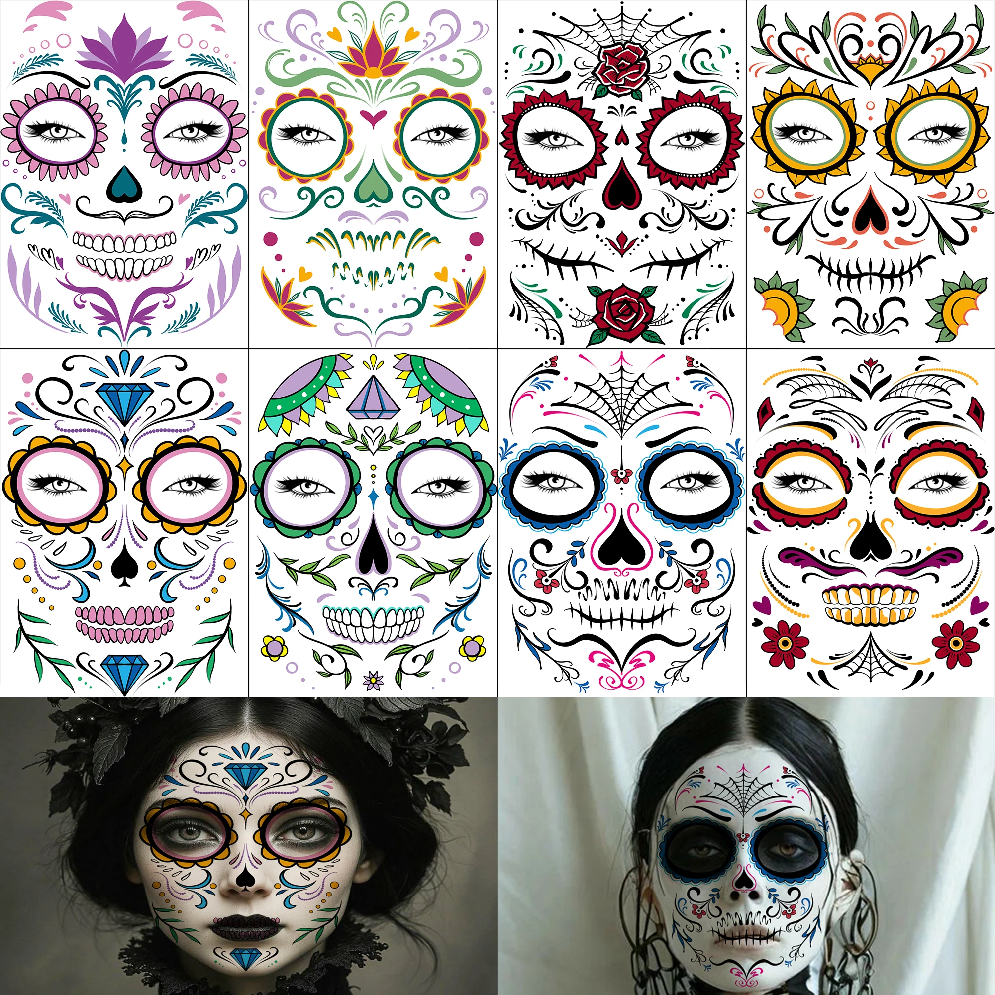 8 Sheets Halloween Day Of The Dead Sugar Skull Face Flower Spiderweb Temporary Tattoo Stickers, Realistic Waterproof Fake Tatoos