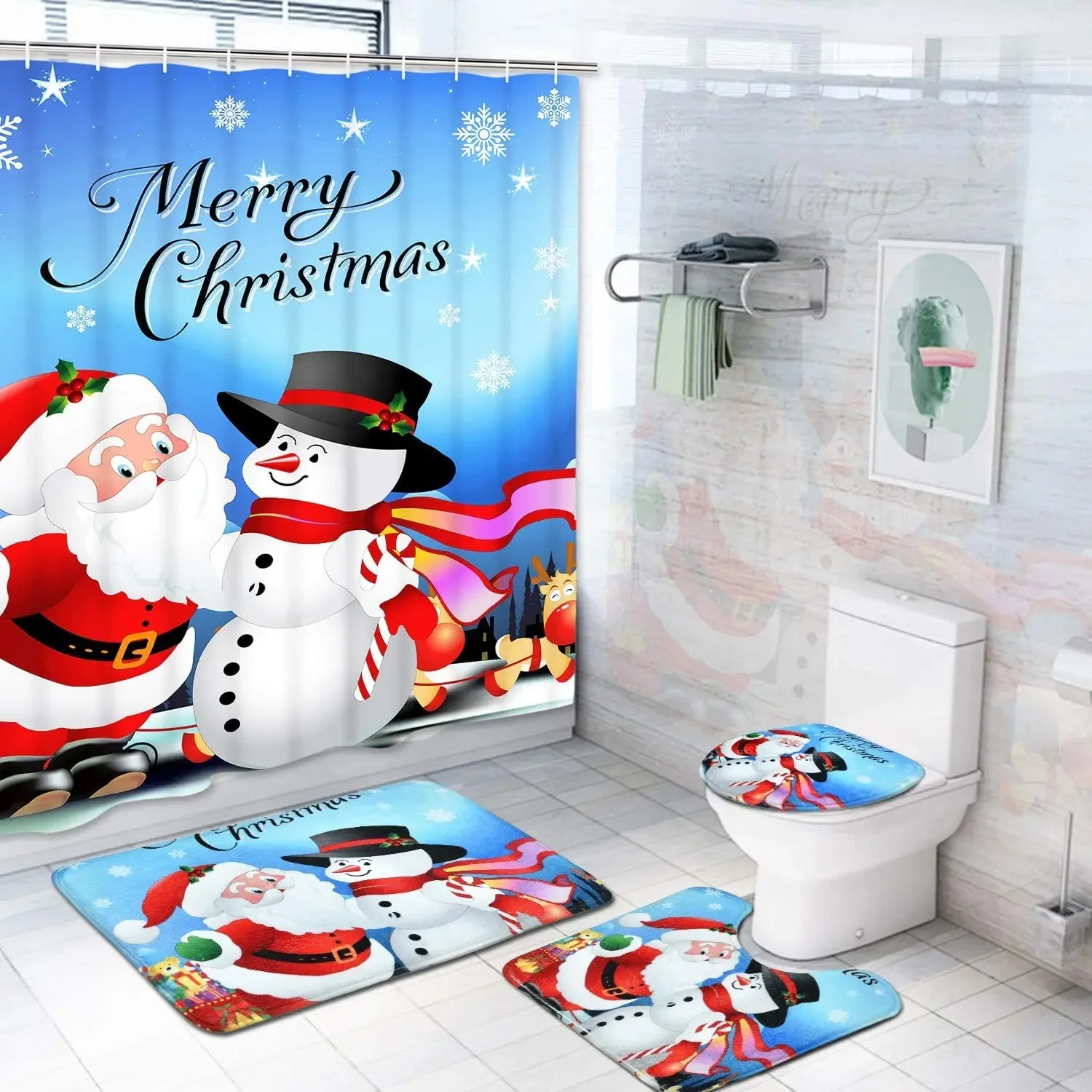 Snowman Santa Claus Shower Curtain Set Bathroom Set Non-slip Mat Carpet Waterproof Toilet Seat Cushion Bath Mat Christmas Decor