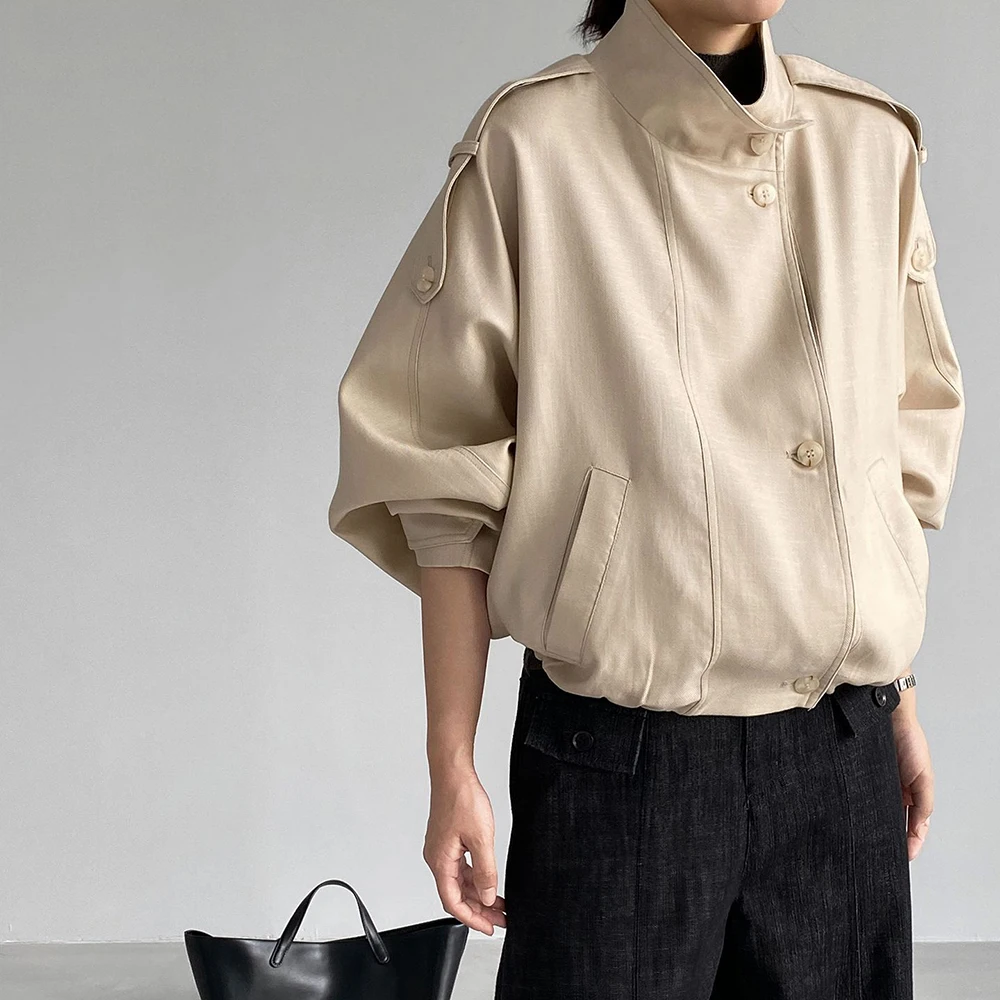 TWOTWINSTYLE Epaulet Spliced Pocket Loose Solid Jacket for Women Stand Collar Long Sleeve Patchwork Button Causal Jackets Female