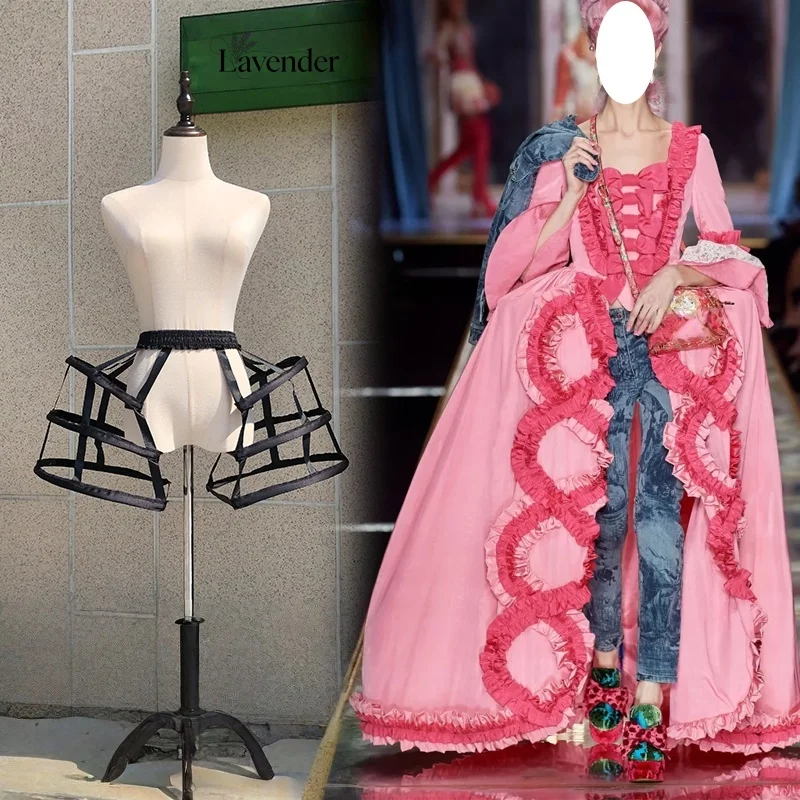 

Lolita Rococo Short Black and White Hollow Bird Cage Skirt Support Three Circles Double sided Ribbon Inner Interlining Skirt