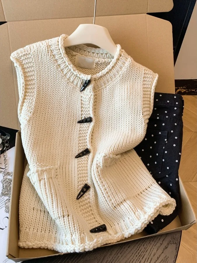 

Korean Design Single Button Knitted Vest Women's Faionable Svel Sweater Inner Wear Casual Sle round Ne Vest