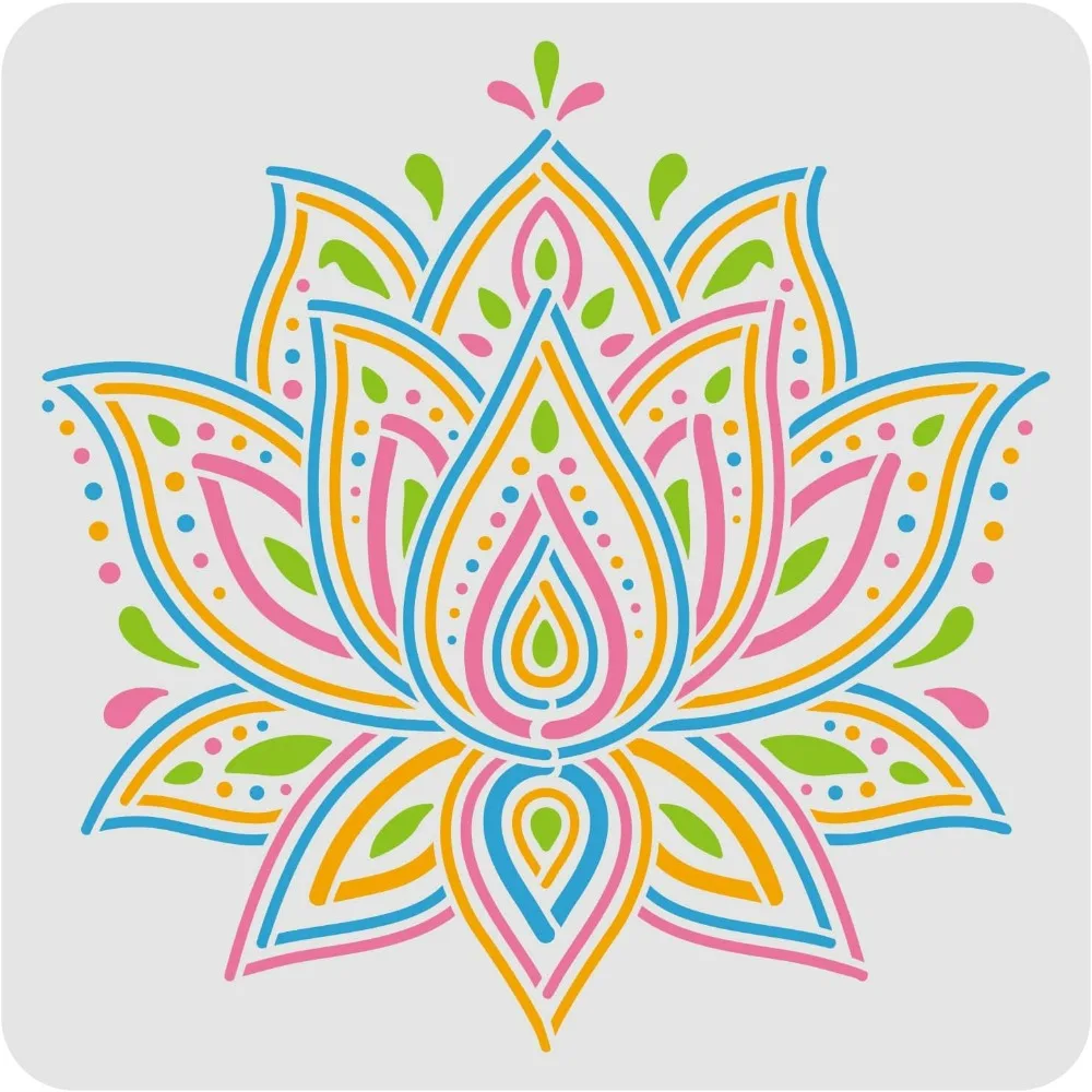 Mandala Lotus Stencils Decoration Template 11.8x11.8 inch Plastic Large Lotus Drawing Painting Stencils Square Reusable Stencils