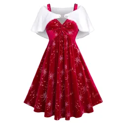 ROSEGAL Plus Size Dresses Christmas Vestidos Costume Fireworks Printed Twist Ruched Velvet Party Dress And Fur Panel Cape Set 5X