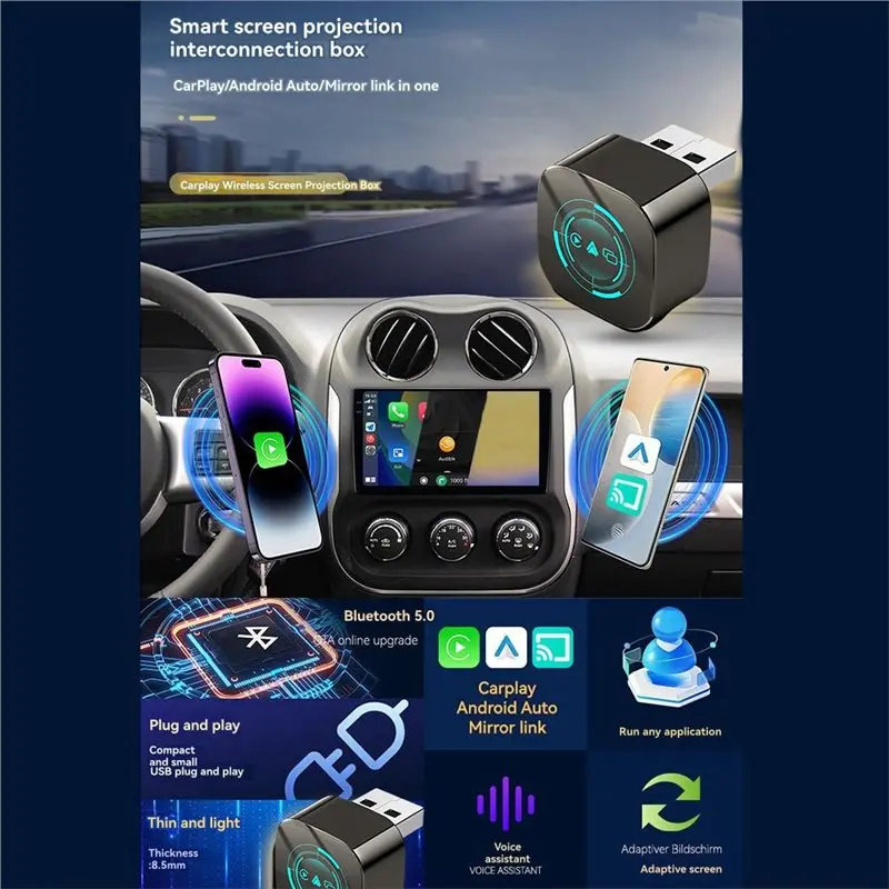 PHILE-3In1 Carplay inalámbrico Android Auto Carplay Smart AI Box USB Dongle Plug Play Carplay con cable a inalámbrico