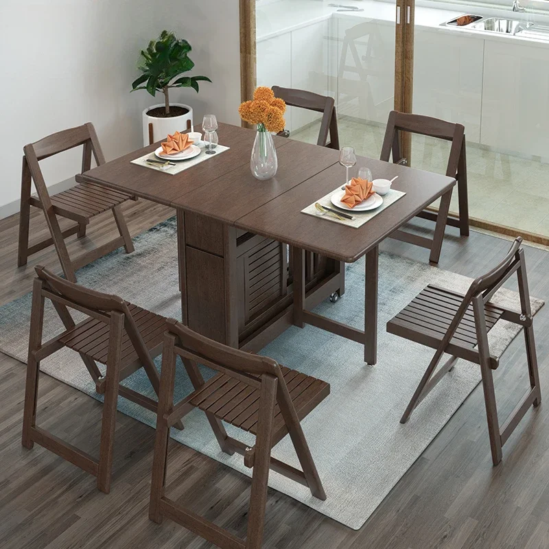 Mesa de comedor y sillas plegables de madera maciza, nogal, seda dorada, rectangular, telescópica