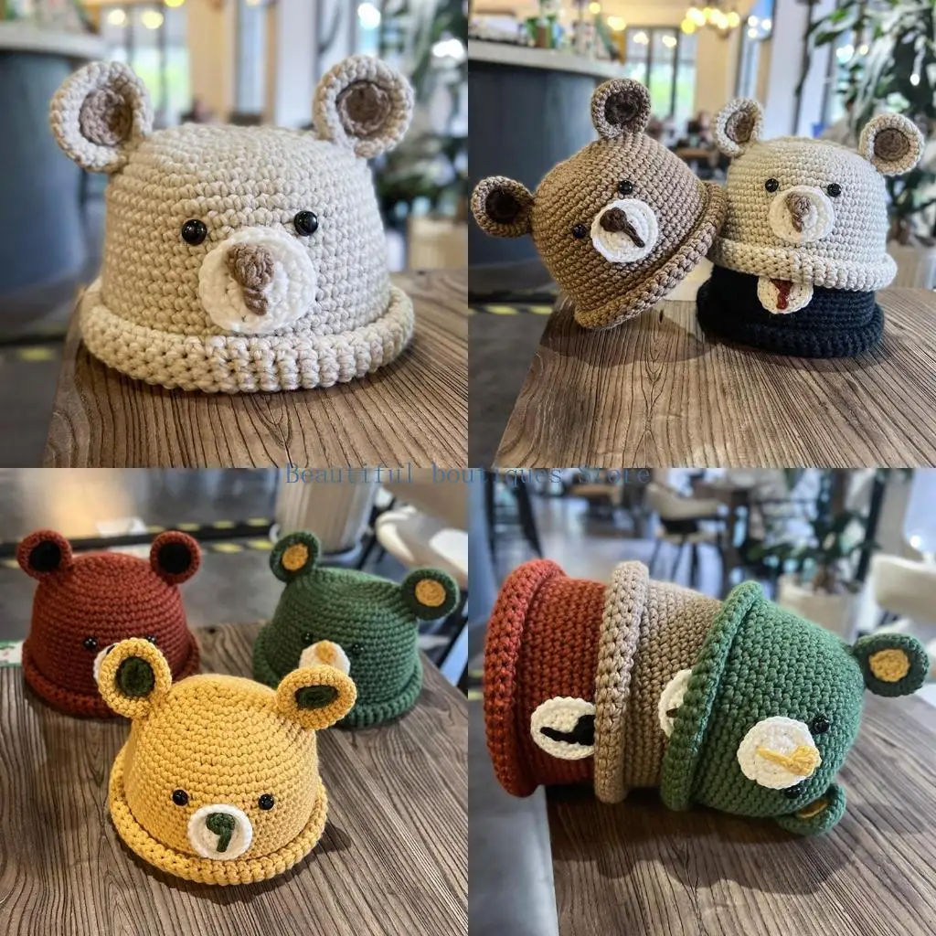 

U4LF Crochet Bear Ears Knitted Hat Winter Woolen Hat Travel Warm Ear Protect for Snowboarding Cycling Hiking in Cold Weather
