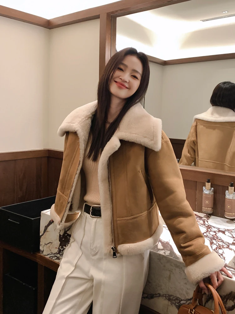 

Молодежное женское пальто с мехом ягненка Jaet ort Biker Sle Collar Coat, Новое поступление, модная верхняя одежда, корейская длинная одежда для поездок на работу...