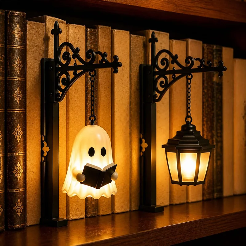 Cute Vintage Halloween Ghost Bookshelf Lamp Wall Mounted Reading Book Lamp Metal Gothic LED Night Light for Studious Home Decor