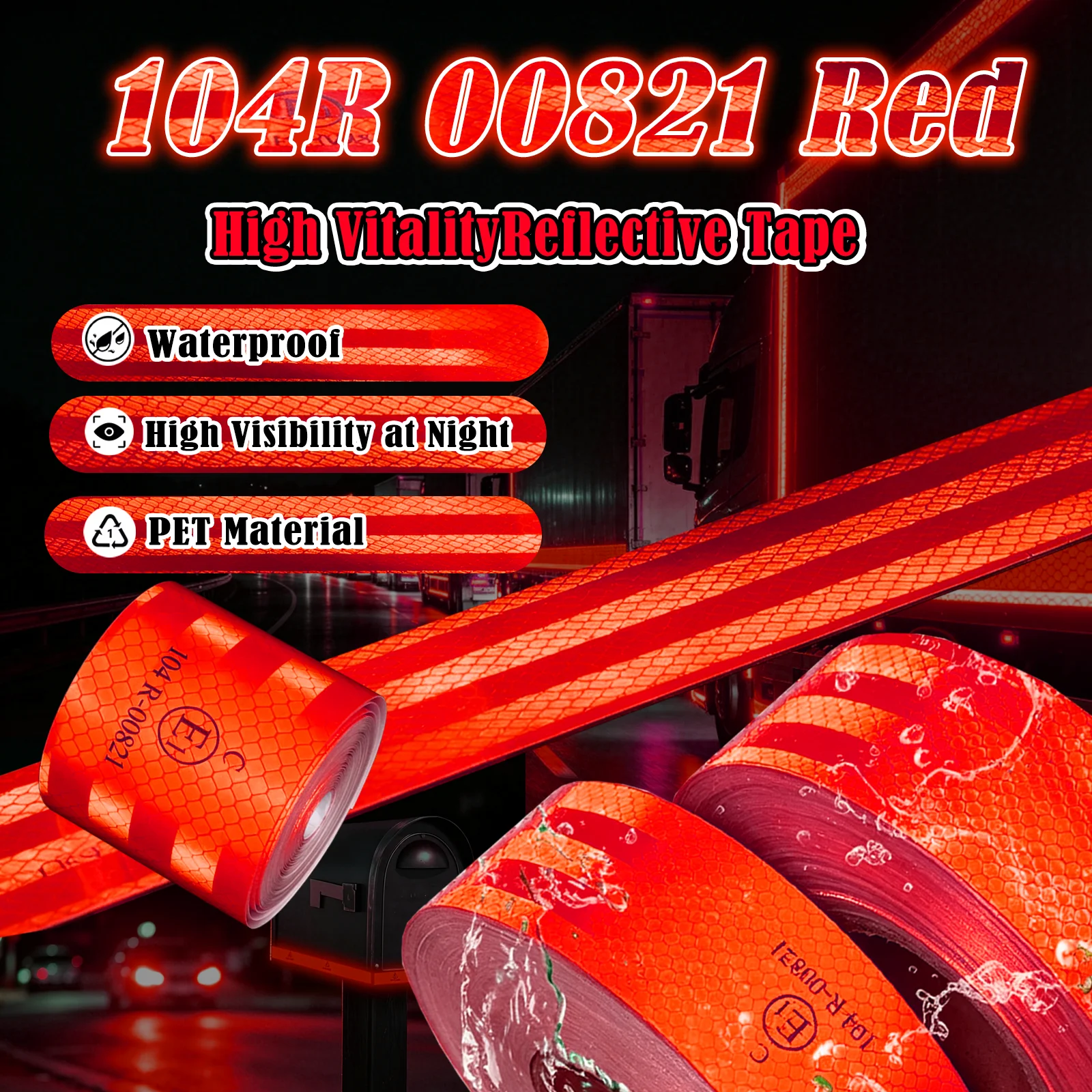 104R Red Reflective Safety Tape, High Visibility, Red - Waterproof And Windproof, Strong Adhesive Warning Tape