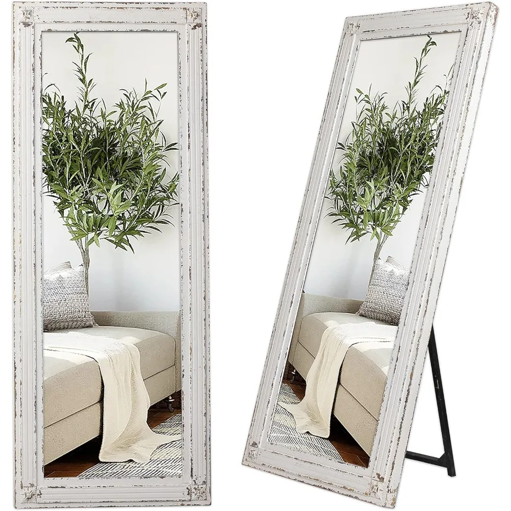 

Rustic Full Length Mirror with Stand 60" x 24", Hanging White Farmhouse Big Mirror Full Body for Bedroom, Leaning Wood Frame