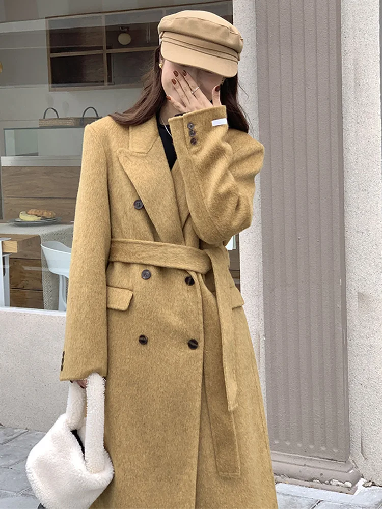 

Winter Hand Stitched Double-sided Wool Coat Women Fashion Casual Thick Double-breasted Lace-up Mid-length Woolen Coat Fit Autumn