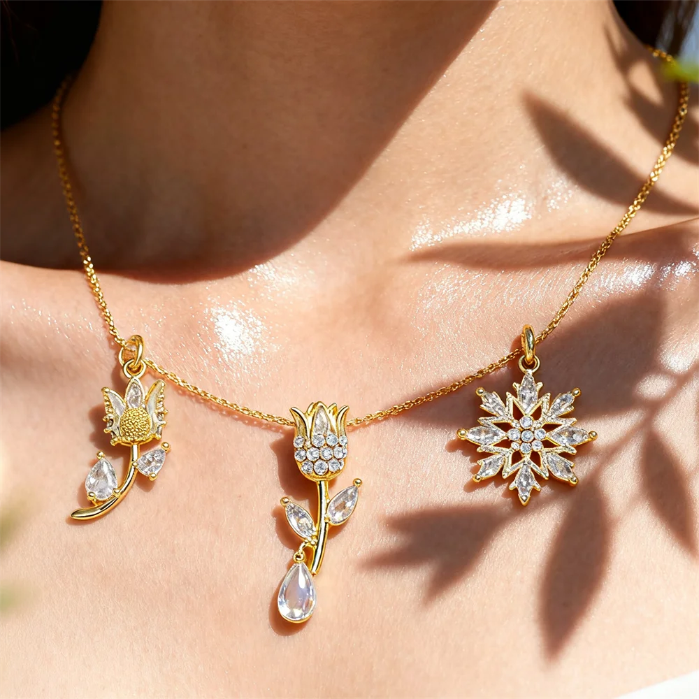 

3Pcs Pendants Brass Floral Cubic Zircon Flower Charms Elegant for DIY Jewelry Necklace Bracelet Making Accessories for Women Men